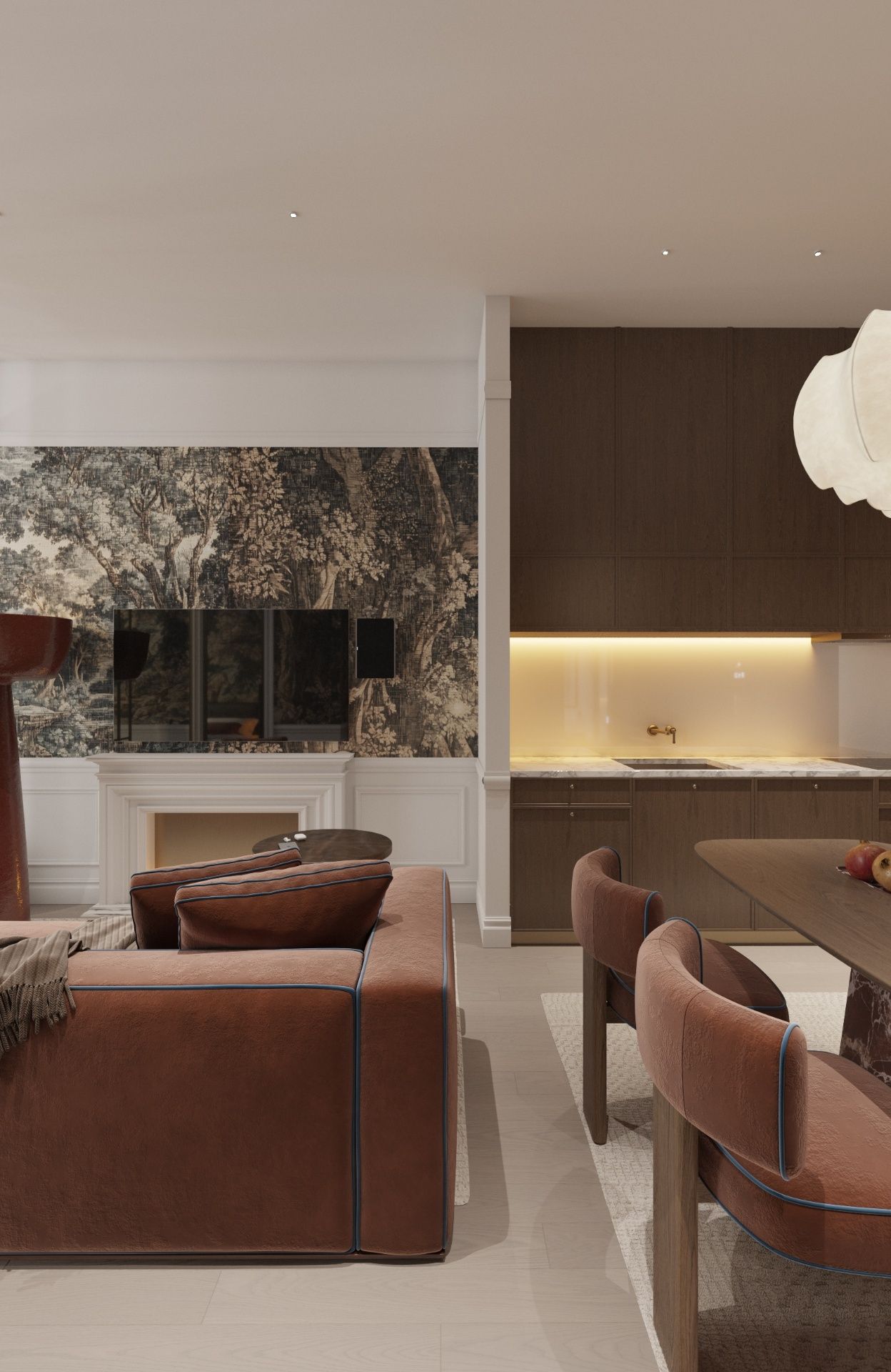Tapestry wall, open kitchen